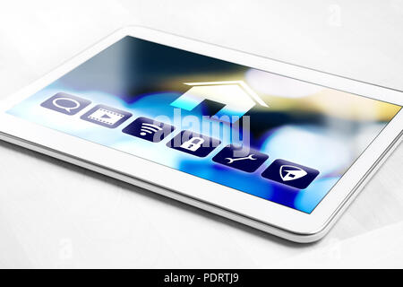Tablet mit Smart Home Control System für Hausgeräte. Remote Controller App auf Smart Device. Moderne futuristischen Internet der Dinge (IOT). Stockfoto