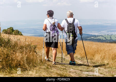 Seniorenpaar Nordic Walking im Freien Menschen Paar Wandern Bergpfad gesunder Lebensstil Wanderstöcke Paar Seniorenpaar Walking aktiv älter Stockfoto