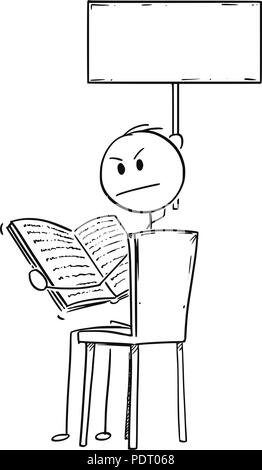 Cartoon von Genervten Mann sitzt auf einem Stuhl und ein Buch lesen und Halten leere Zeichen Stock Vektor