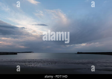 Seaford Head und Laboe Leuchtturm am Abend, mit Vögeln am Strand bei Ebbe und schwere Wolken im blauen Himmel. Stockfoto