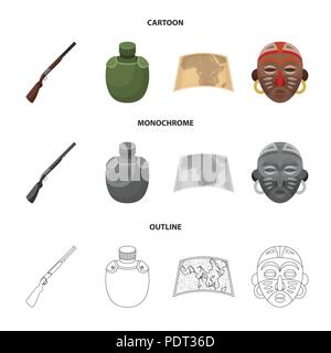 Jagdwaffe, Flasche im Fall, Karte, Afrikanische Maske. African Safari Set Sammlung Icons im Cartoon, Outline, Schwarzweiß-Stil vektor Symbol lieferbar Illus Stock Vektor