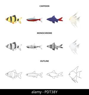 Angelfish, Common, Barbus, neon. Fish Sammlung Icons im Cartoon, Outline, Schwarzweiß-Stil vektor Symbol lieferbar Abbildung. Stock Vektor