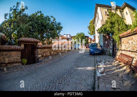 Sozopol, Bulgarien - 11. September 2016: Fisheye street view Altstadt von Sozopol Stockfoto