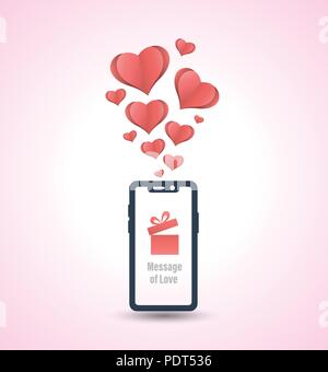 Botschaft der Liebe mit Smartphone und Herzen paper Art Stil. Vector Illustration für Anwendung und Grußkarte. Stock Vektor