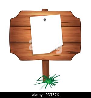 Holz- Plakette mit einem Blatt Papier an einem Nagel. Vektor Cartoon Illustration Stock Vektor