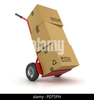 Hand-Lkw und Pappe, ist dies ein gerenderten 3d-Computer generierten Bildes. Auf weiß isoliert. Stockfoto