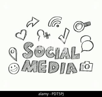 Social Media mit Symbolen doodle Stil. Vector Illustration für Internet und Social Media Marketing Werbung. Stock Vektor