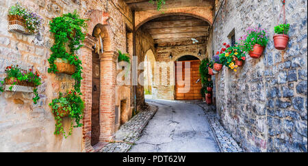 Alte Straßen der italienischen Dorf, mit Blumenschmuck, Spello, Umbrien. Stockfoto