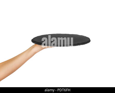 Leere schwarze Schiefer runden Stein in der Hand. perspektivische Ansicht Vorlage für Ihr Design. auf weißem Hintergrund. Stockfoto