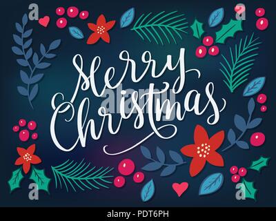 Festliche Hintergrund mit Frohe Weihnachten Schriftzug, Blumen und Kalligraphische Inschrift frohe Weihnachten. Vector Illustration. Stock Vektor