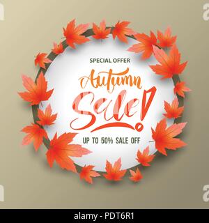 Verkauf Kreis Banner mit Ahorn für Herbst Promotion Werbung. Vector Illustration für Unternehmen. Stock Vektor