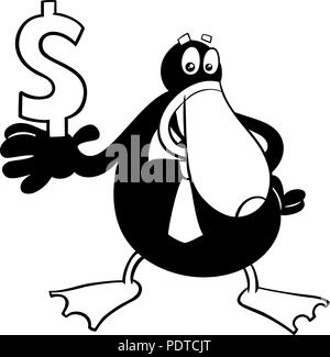 Schwarze und Weiße Cartoon Illustration von der Ente Geschäftsmann Tier Charakter mit Dollarzeichen Malbuch Stock Vektor
