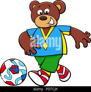 Cartoon Illustrationen von Bear Fußball oder Soccer Player Charakter mit Kugel Stock Vektor