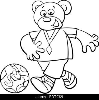 Schwarze und Weiße Cartoon Illustrationen von Bear Fußball oder Soccer Player Charakter mit Kugel Malbuch Stock Vektor