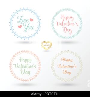 Satz von 4 vektor design Blumen Kränze und Typografie. Hand liebe Sammlung erstellt. Valentinstag Kit. Set für Hochzeit Design. Datum speichern. Stock Vektor
