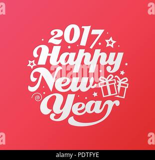 Frohes Neues Jahr, weißer Schrift Kreis. Moderne Kalligraphie für Grußkarten, Poster, Foto Overlay. Auf rosa Hintergrund isoliert. Vector Illustration. Stock Vektor