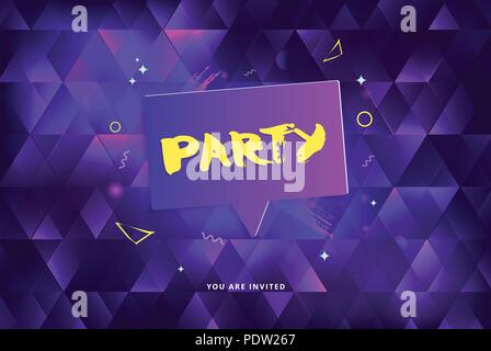 Party Banner. Horizontale violett Flyer für Urlaub Design mit geometrischen dekorative Elemente. Karte für Social Media. Memphis style Poster mit Creativ Stock Vektor