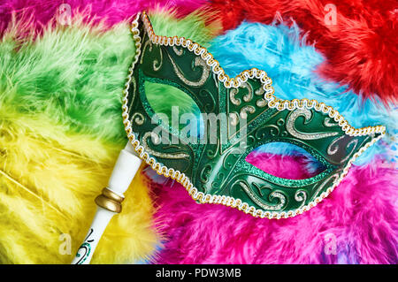 Close-up Die grüne Karneval Maske, Venezianische Maske (Oper Maske) mit weißem Holz Griff auf die bunten weichen, flauschigen federn in Gelb, Rosa, Blau, Rot ein Stockfoto
