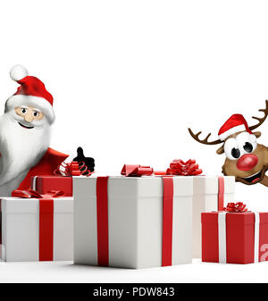 Santa Claus Rentiere überraschung Geschenk Boxen 3D-Darstellung Stockfoto