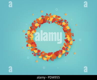 Herbst runde Kranz mit Blätter, Zweige und Beeren auf blauem Hintergrund. Kreisförmige Rahmen mit floralen Dekoration. Element für Saison und Urlaub design Stock Vektor