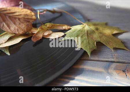 Blätter im Herbst und Samenkapseln auf einem vintage Vinyl Platten an der Seite über ein altes Holz Hintergrund mit Kopie Raum in einem konzeptionellen Bild platziert Stockfoto