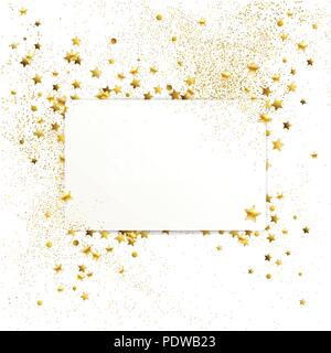 Banner mit Konfetti gold Sterne glitzern und funkeln auf weißem Hintergrund Stock Vektor