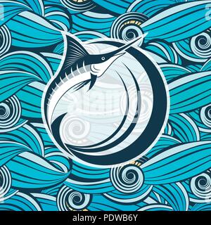 Symbol der Marlin Fisch vor dem Hintergrund der stilisierte Wellen im Meer Stock Vektor
