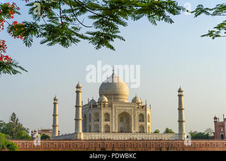 Schöne Landschaft des Taj Mahal von Norden über den Yamuna-fluss bei Sonnenuntergang Stockfoto