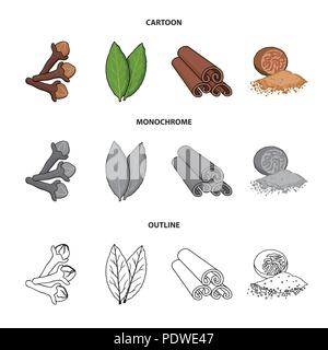 Nelken, Lorbeer, Muskatnuss, Zimt. Kräuter und Gewürze set Sammlung Icons im Cartoon, Outline, Schwarzweiß-Stil vektor Symbol lieferbar Abbildung: Flach. Stock Vektor