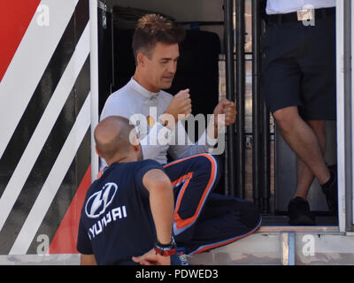 Spanisch Rallye Fahrer Dani Sordo, bei Tests seiner Hyundai R5 Rennwagen vor der bevorstehenden Barum rally Zlin, Sobenov, Cesky Krumlov distric gesehen Stockfoto