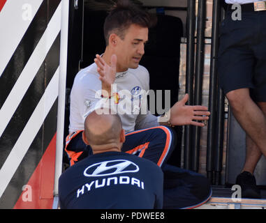 Spanisch Rallye Fahrer Dani Sordo, bei Tests seiner Hyundai R5 Rennwagen vor der bevorstehenden Barum rally Zlin, Sobenov, Cesky Krumlov distric gesehen Stockfoto