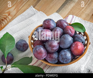 Auf der Tabelle auf eine Serviette Weidenkorb mit Reifen große Pflaumen gefüllt. Stockfoto