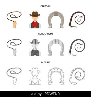 Hand Lasso, Cowboy, Hufeisen, Peitsche. Rodeo Sammlung Icons im Cartoon, Outline, Schwarzweiß-Stil vektor Symbol lieferbar Abbildung. Stock Vektor