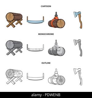 Anmelden unterstützt, Säge, Axt, die Logs. Sägewerk und Holz Sammlung Icons im Cartoon, Outline, Schwarzweiß-Stil vektor Symbol lieferbar Illus Stock Vektor