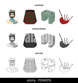 Highlander, schottische Viking, tartan, Kilt, Scottish Rock, scone Stein, nationalen Musikinstrument der Dudelsack. Schottland Sammlung Icons in den Warenkorb Stock Vektor