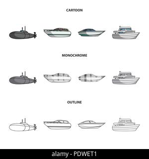 Ein Militär-U-Boot, ein Schnellboot, das Boot und Yacht. Schiffe und Wasser Sammlung Icons im Cartoon, Outline, monochrome Styl Stock Vektor