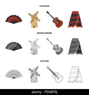 Ventilator Spanisch, Mühle, Gitarre, Rock für nationale spanische Tänze. Spanien Land Sammlung Icons im Cartoon, Outline, Schwarzweiß-Stil Vektor symbol Sto Stock Vektor
