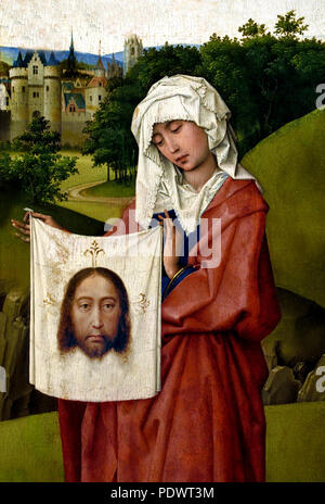Kruzifixions-Triptychon, Panel Heilige Veronika, Öl auf Holz (ca. 1443) von Rogier van der Weyden. Hält das Heilige Tuch. Kunsthistorisches Museum, Wien, Österreich. (Nördliches Renaissance-Meisterwerk: Der rechte Flügel des „Kruzifixions-Triptychons“ (ca. 1443–1445), betitelt „Heilige Veronika mit dem Heiligen Tuch“, vom legendären früh-niederländischen Meistermaler Rogier van der Weyden, dauerhaft im Kunsthistorischen Museum in Wien, Österreich, erhalten.) Stockfoto