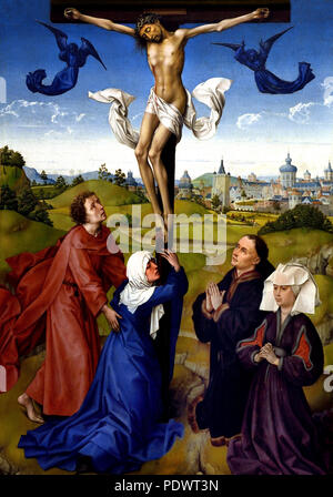 Kreuzigungstriptychon Mittelteil, Öl auf Holz (ca. 1443) von Rogier van der Weyden. Trauernde Heilige & Stifter. Kunsthistorisches Museum, Wien, Österreich. ( Kreuzigung ( idealisierte Ansicht von Jerusalem erscheint am Horizont ) 1443/45 von Rogier van der Weyden 1399 1464 Flämisch Belgisch Belgien ( Triptychon Mittelteil- Kreuzigungsaltar) ) Stockfoto