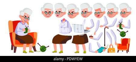 Alte Frau Vektor. Ältere Person Porträt. Ältere Menschen. Im Alter. Animation erstellen. Gesicht Emotionen, Gesten. Lustige Rentner. Freizeitaktivitäten. Ankündigung. Animiert. Isolierte Cartoon Illustration Stock Vektor