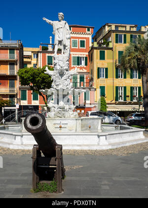 SANTA MARGHERITA LIGURE, ITALIEN - 19. MAI 2018: Statue von Christoph Kolumbus auf einem Brunnen Stockfoto