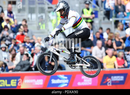 Frankreichs Sylvain Andre im Qualifying heizt der Männer BMX bei Tag neun der 2018 Europameisterschaften im Glasgow BMX Zentrum verfolgen. Stockfoto