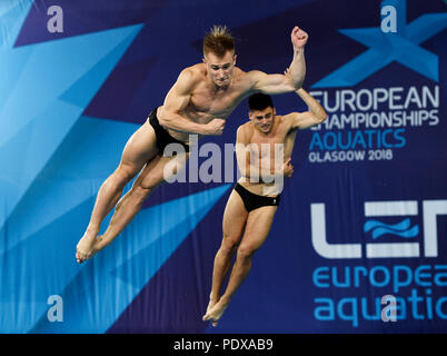 Die Briten Jack Laugher und Christopher Mears kämpfen am 9. Tag der Europameisterschaft 2018 im Royal Commonwealth Pool in Edinburgh beim synchronisierten 3-m-Sprungbrett-Finale der Männer. DRÜCKEN SIE VERBANDSFOTO. Bilddatum: Freitag, 10. August 2018. Siehe PA Story DIVING European. Bildnachweis sollte lauten: Ian Rutherford/PA Wire. Stockfoto