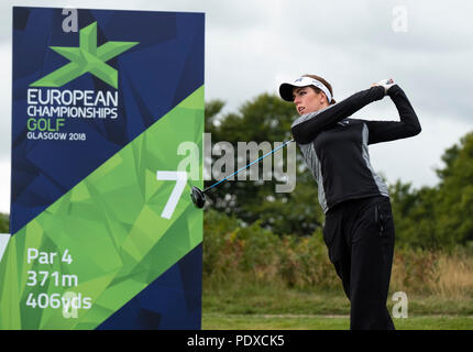 Gleneagles, Schottland, UK, 10 August, 2018. Tag drei der Europäischen Meisterschaften Wettbewerb 2018 in Gleneagles. Männer und Frauen Mannschaft Meisterschaften Round Robin. Vier Ball Match Play Format. Abgebildet; Georgia Hall von Großbritannien am 7. T-Stück im Spiel gegen Belgien. Credit: Iain Masterton/Alamy leben Nachrichten Stockfoto