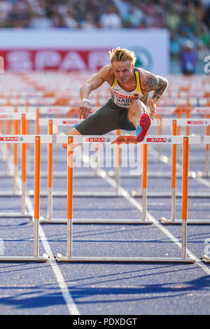 Berlin, Deutschland. August 10, 2018: Aurel Manga von Frankreich und Gregor Traber von Deutschland in 110 Meter Hürden Halbfinale für Männer im Olympiastadion in Berlin bei der Leichtathletik-WM. Ulrik Pedersen/CSM Credit: Cal Sport Media/Alamy leben Nachrichten Stockfoto