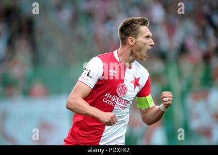 August 10, 2018 - Mlada Boleslav, tschechische Republik - Mailand Skoda von Slavia Praha feiert zählen seine Seiten erstes Ziel während des Fußballspiels zwischen Mlada Boleslav vs Slavia Praha, Tschechische Republik, 10. August 2018. (Bild: © Slavek Ruta über ZUMA Draht) Stockfoto