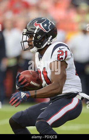 August 09, 2018: Houston Texans zurück laufen Tyler Ervin (21) sieht die Richtungen auf einem laufenden Spiel während der NFL vor Saisonbeginn Fußballspiel zwischen den Houston Texans und die Kansas City Chiefs in Arrowhead Stadium in Kansas City, Missouri zu ändern. Kendall Shaw/CSM Stockfoto