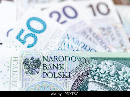 Nahaufnahme auf Polnische Zloty Banknoten mit der Polnischen Nationalbank auf sie geschrieben Stockfoto