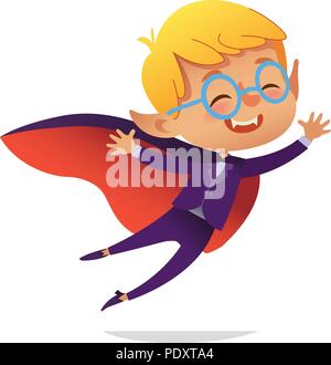 Kinder Kostüm Party. Dracula Vampir Boy in Red Devil Kostüm lachen und Fliegen. Cartoon vektor Charakter für Party, Einladungen, Web, Maskottchen. Isoliert Stock Vektor