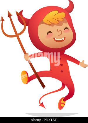 Halloween Kinder Kostüm Party. Junge in Halloween Teufel Kostüm lachen und tanzen. Cartoon vektor Charakter für Party, Einladungen, Web, Maskottchen. Isoliert Stock Vektor